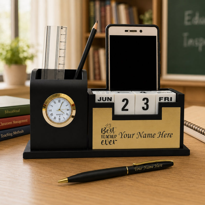 Teacher's Custom Gift Set with Customized Pen with Pen Stand with Name Engraved. Teacher Gift Set for Teachers Day