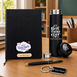 Customized Teachers Day Gift Combo with Name Engraved Pen, Water Bottle, A5 Diary & Keychain for Teachers