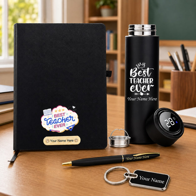 Customized Teachers Day Gift Combo with Name Engraved Pen, Water Bottle, A5 Diary & Keychain for Teachers.