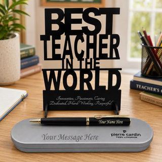 Customized Pen with Name Engraved & Best Teacher in the World Acrylic Stand.