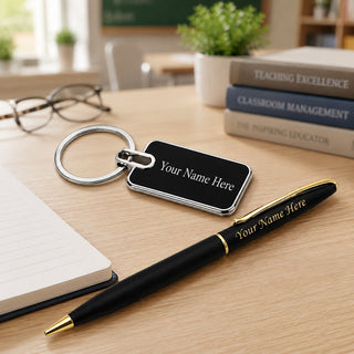 Teacher's Set: Custom Engraved Teacher Metal Keychain & Black-Gold Pen with Name Engraved.