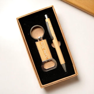 Customized Wooden Gift Set – Personalized Name Engraved Pen & Keychain with Employee Name