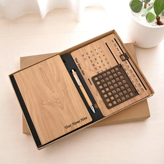 Customized Wooden Gift Combo – Elegant Diary, Engraved Pen & Timeless Infinity Calendar with Employee Name.