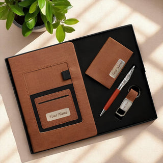 Luxury Personalized Gift Set – Leather Diary, Engraved Pen, Stylish Keychain & Cardholder with Employee Name.