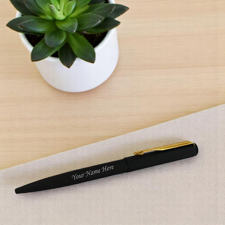 Parker Ball Point Pen Matte Black (Golden Clip) with Name Engraved.