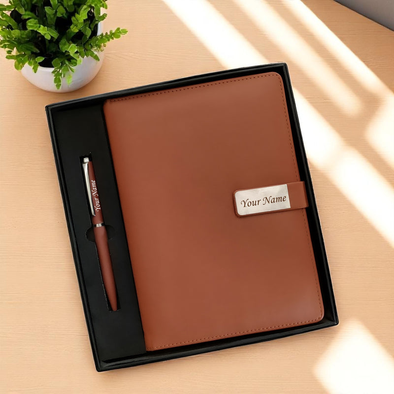 A5 Personalized Leather Diary & Engraved Pen.