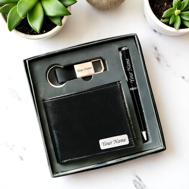 Luxury Personalized Gift Set for Men -Leather Wallet, Engraved Metal Pen & Stylish Keychain