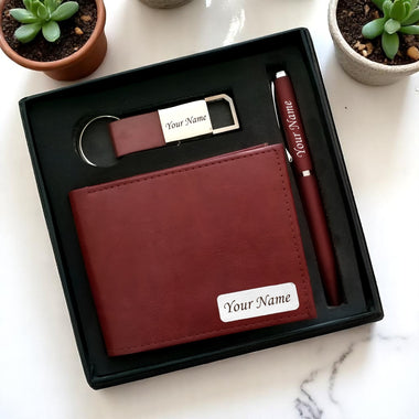 Luxury Personalized Gift Set for Men -Leather Wallet, Engraved Metal Pen & Stylish Keychain