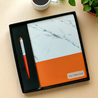 Personalized Marble Finish Diary – Engraved Name Notebook & Pen with Employee Name.