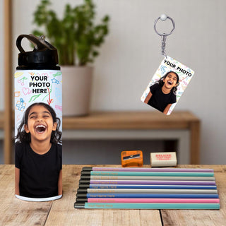 Personalized Kids Gift Set – Photo Printed Bottle & Keychain & Name  Engraved Pencils