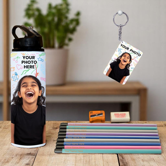 Personalized Kids Gift Set – Photo Printed Bottle & Keychain & Name  Engraved Pencils