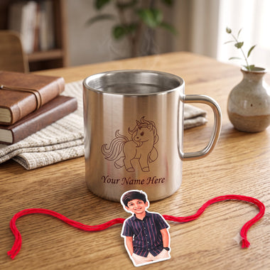 Customized Steel Mug with Name & Unicorn Cartoon Print and Customized Photo Caricature Rakhi