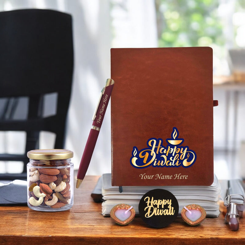 Diwali Gift Set - Leather Diary, Engraved Pen, Dry Fruit Jar & Diyas.