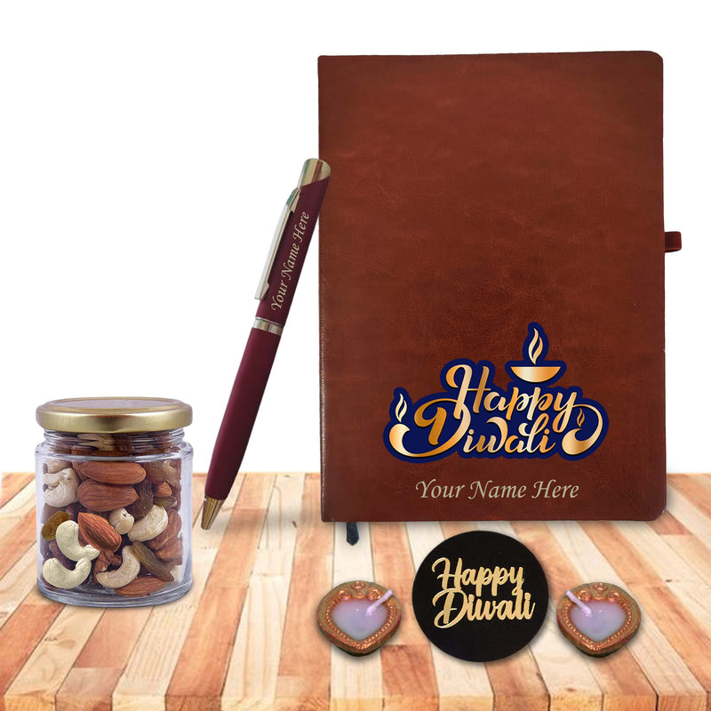 Personalized Diwali Gift Set – Leather Diary, Pen, Dry Fruit Jar & Diyas.