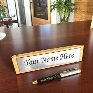Metal Pen & Wooden Desk Name Plate cum Pen Stand with Engraved Name