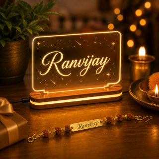 Customized Acrylic LED Photo Frame with Name & Personalized Rudraksha Rakhi for Brother