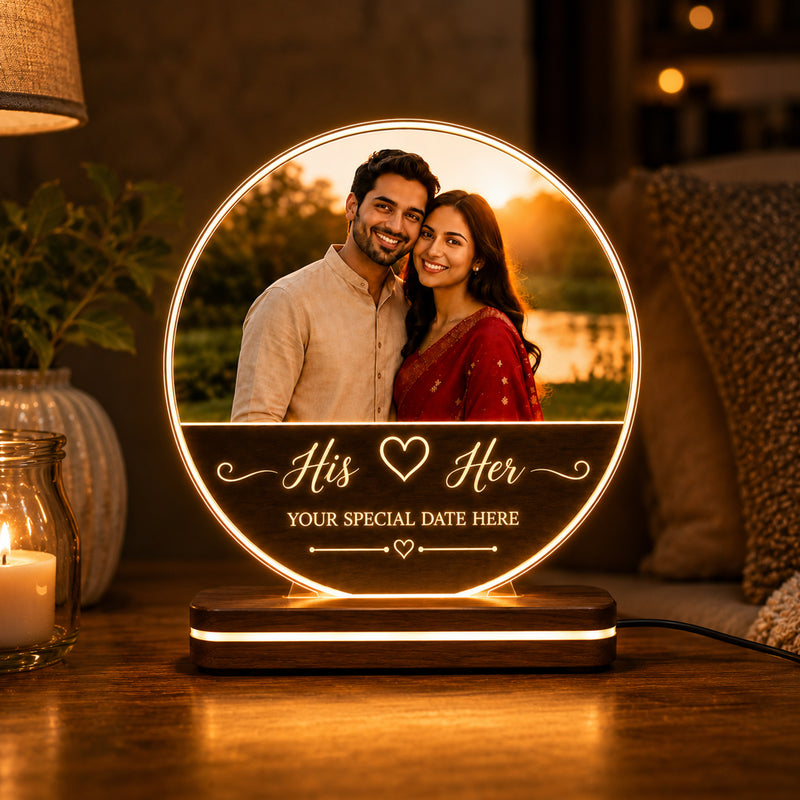 Personalized Round LED Photo Frame 6x8 Inch – Customized HD UV Printed Acrylic Lamp with Photo, Name & Date