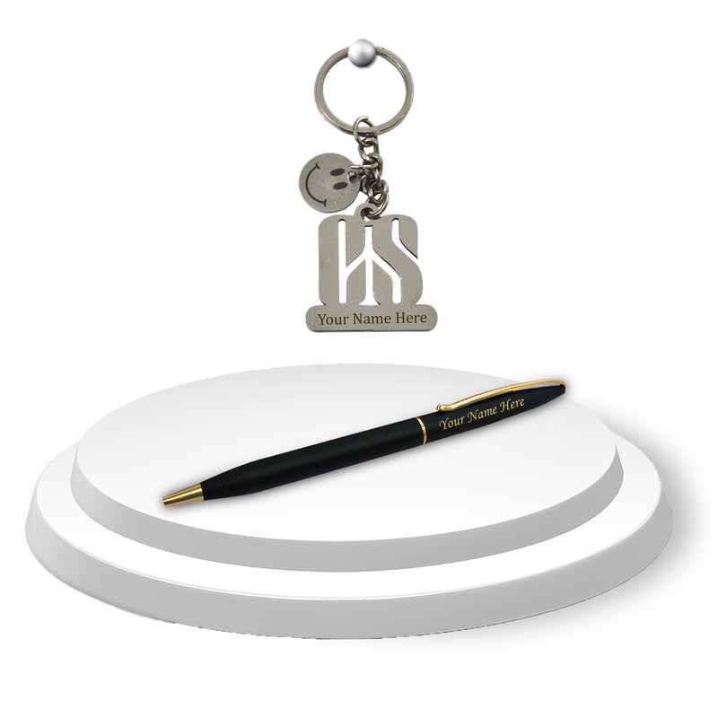 Personalized CS Set: Engraved Smiley Keychain & Black-Gold Pen.