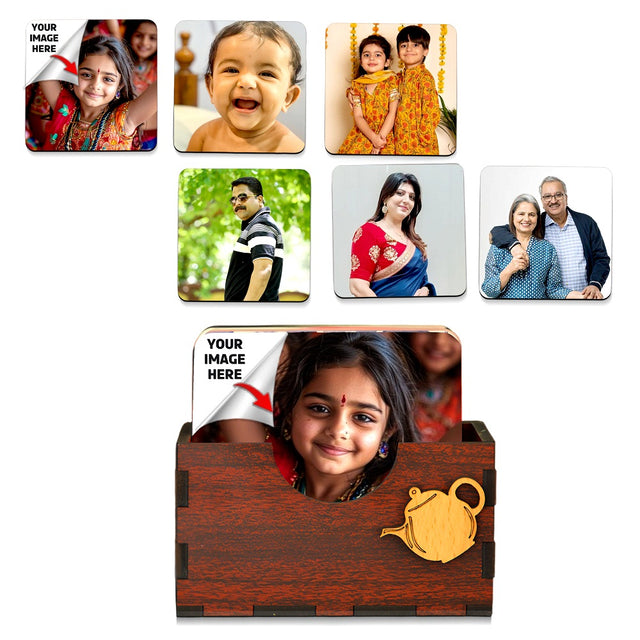 Personalized Wooden Photo Printed Tea Coaster Set of 6 with Stand.