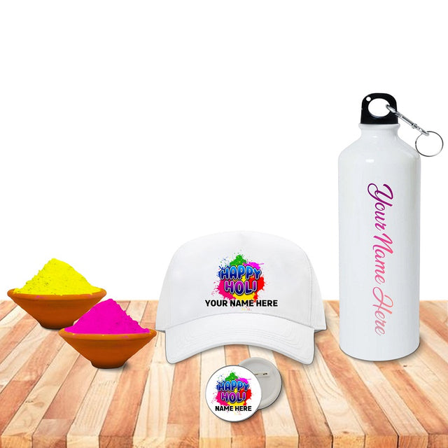 Personalized Holi Combo – Bottle, Badge & Cap with Name & 2 Holi Colors