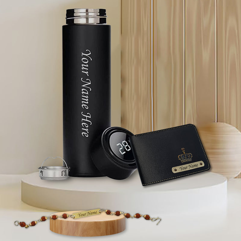 Personalized Rakshbandhan Combo- Temperature Bottle, Rudrakash Rakhi & Men's Wallet.