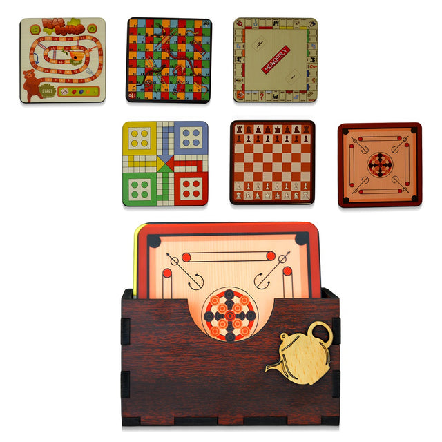 Wooden Tea Coaster Set of 6 with Stand – Game-Themed Drink Coasters.