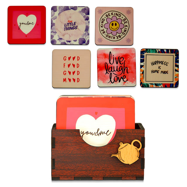 Wooden Tea Coaster Set of 6 with Stand – Drink Coasters with Different Quotes.