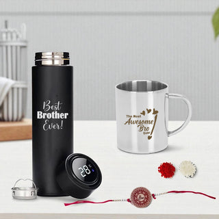 Rakshabandhan Gift Set- Awesome Bro Quote Engraved Mug & Black Bottle