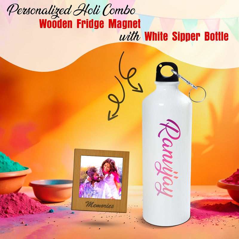 Personalized Holi Combo – Name Engraved Bottle & Custom Fridge Magnet with Picture.