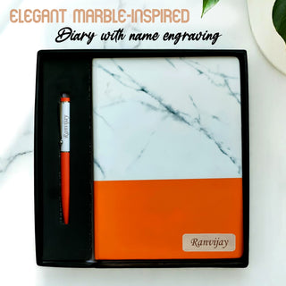 Personalized Marble Finish Diary – Engraved Name Notebook & Pen with Employee Name.