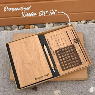 Customized Wooden Gift Combo – Elegant Diary, Engraved Pen & Timeless Infinity Calendar with Employee Name.