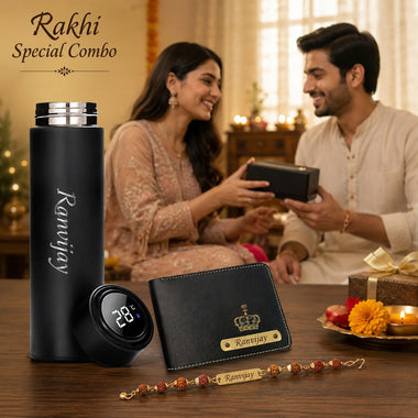 Customized Rakhi Gift for Brother – Name Engraved Bottle, Wallet & Rudraksh Rakhi for brother.