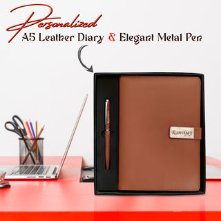 A5 Personalized Leather Diary & Engraved Pen.
