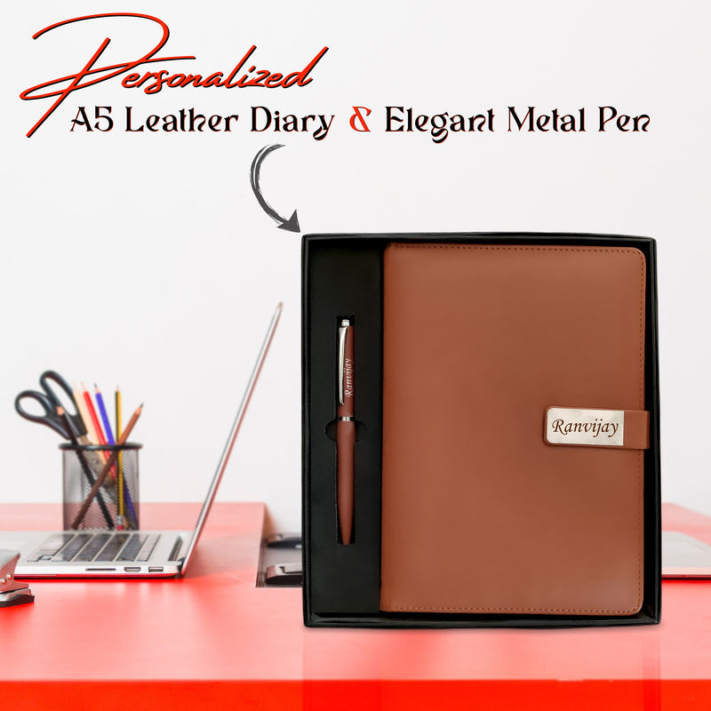 A5 Personalized Leather Diary & Engraved Pen.