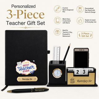 Customized Teacher's Combo Set- Customized Diary with Name, Personalized Pen with Name Engraved, Pen Stand with Clock