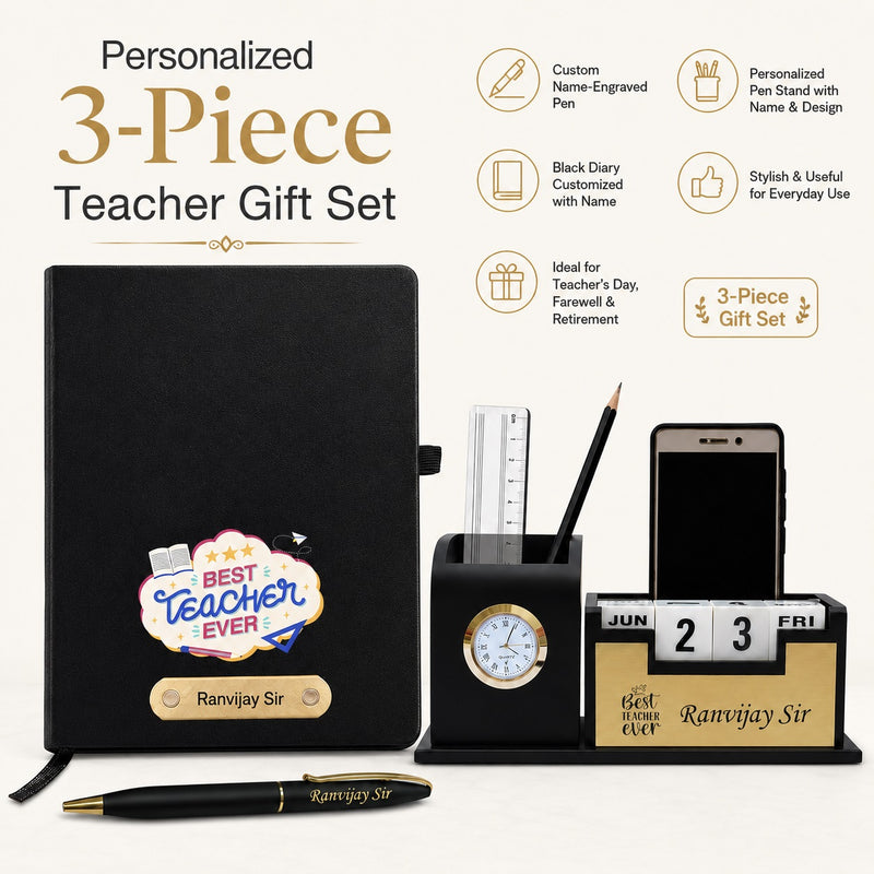 Customized Teacher's Combo Set- Customized Diary with Name, Personalized Pen with Name Engraved, Pen Stand with Clock