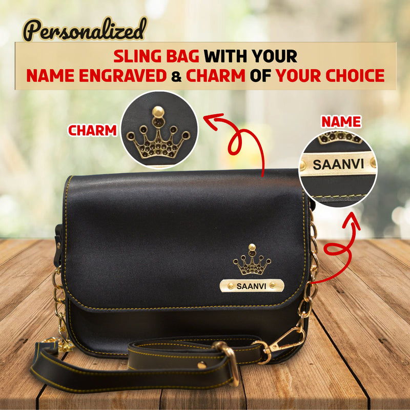 Personalized Leather Chain Sling Bag with Name & Elegant Charm for Women