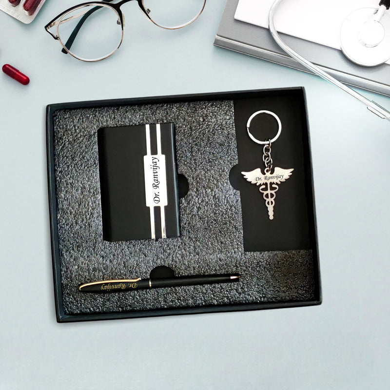 Professional Doctor Combo Set- Pen, Doctor Keychain & Card Holder With Name Engraved.