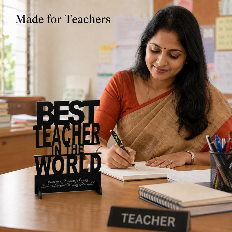 Customized Pen with Name Engraved & Best Teacher in the World Acrylic Stand.