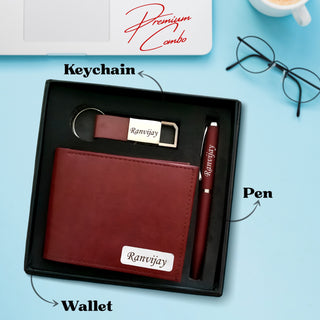 Luxury Personalized Gift Set for Men -Leather Wallet, Engraved Metal Pen & Stylish Keychain