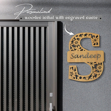 Wooden Initial Letter Wall Decor with Name (12x9 Inches).