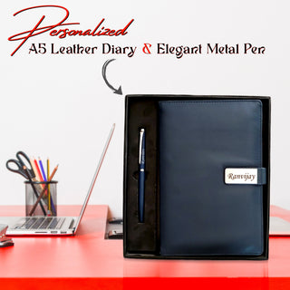 A5 Personalized Leather Diary & Engraved Pen.