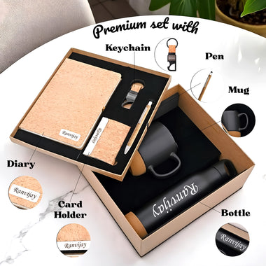 Personalized Executive Gift Set – Non-Dated Diary, Pen, Mug, Bottle, Keychain & Cardholder with Employee Name.