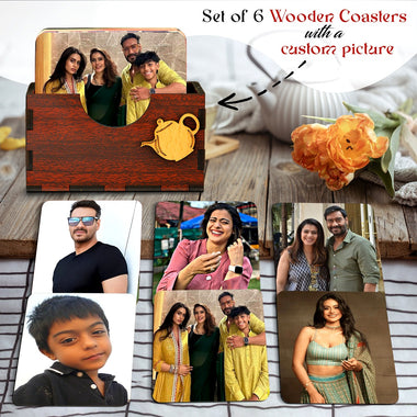 Personalized Wooden Photo Printed Tea Coaster Set of 6 with Stand.
