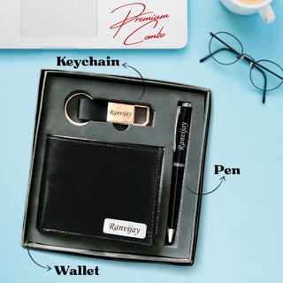 Luxury Personalized Gift Set for Men -Leather Wallet, Engraved Metal Pen & Stylish Keychain