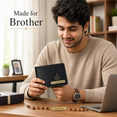 Personalized Rakhi Gift for Brother with Name | Customized Rudraksh Rakhi & Black Leather Wallet for Men