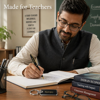 Teacher's Set: Custom Engraved Teacher Metal Keychain & Black-Gold Pen with Name Engraved.