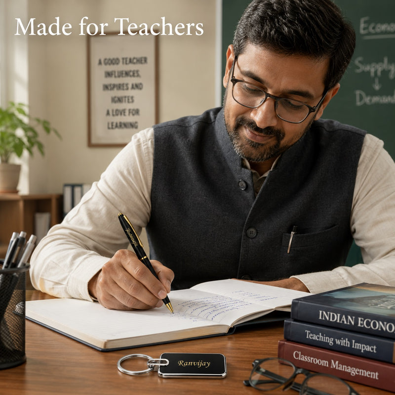 Teacher's Set: Custom Engraved Teacher Metal Keychain & Black-Gold Pen with Name Engraved.