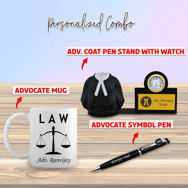 Personalized Advocate Desk Set – Engraved Pen, Pen Stand with Watch & Advocate Theme Mug