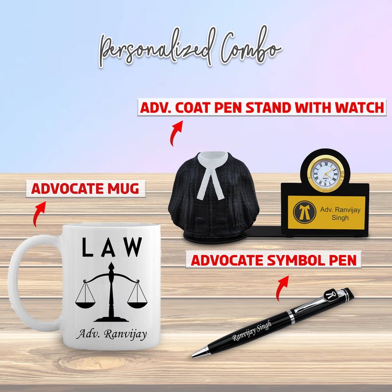 Personalized Advocate Desk Set – Engraved Pen, Pen Stand with Watch & Advocate Theme Mug